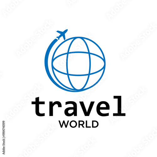 Travel world logo vector with airplane and globe icon modern tourism aviation transport global trip business brand identity design