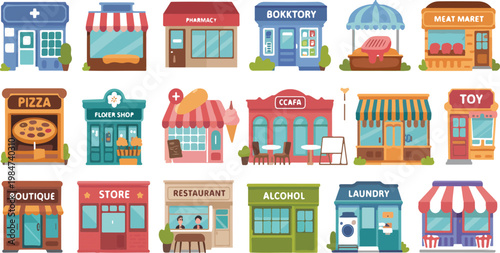 Store building set with various city shops and urban objects, modern commercial architecture collection in simple flat vector illustration style