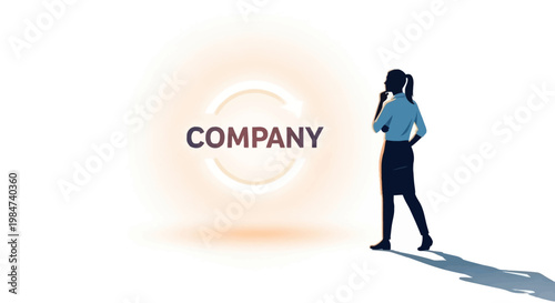 A thoughtful businesswoman stands near a glowing circle with the word COMPANY inside, contemplating her next move