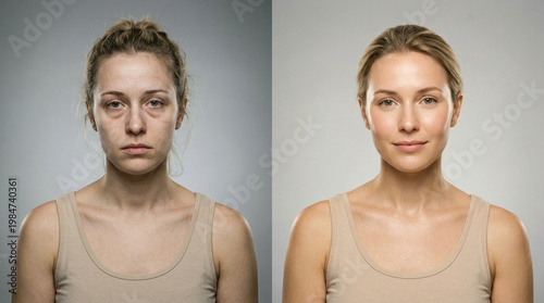 A young Caucasian woman with brown hair in a bun appears on the left with no makeup and on the right with a natural makeup look. The background is neutral and simple.
