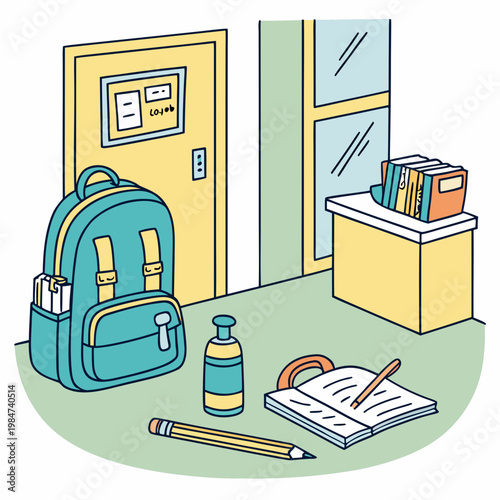 School backpack and supplies by a door with water bottle back to school primary school secondary school flat design study supplies student life backpack education supplies notebook learning