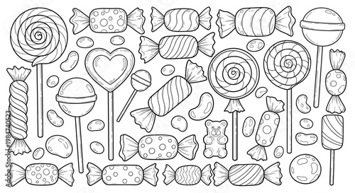 Comprehensive black and white collection of various candies including lollipops wrapped sweets and jelly beans arranged in a flat layout on a white surface.