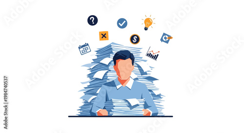 Overwhelmed businessman drowning in a mountain of paperwork and tasks, symbolizing stress and workload