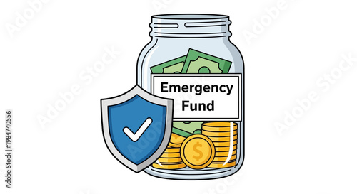 Concept of emergency fund for financial security, depicting a money jar filled with cash and coins, protected by a shield with a checkmark, symbolizing savings and stability