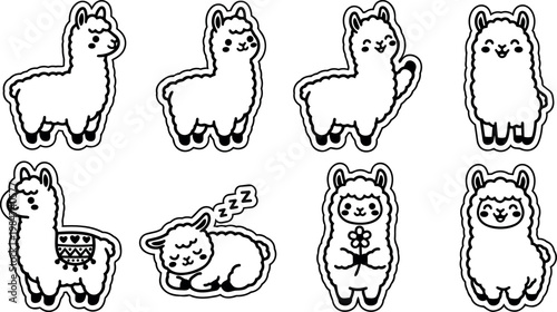 Black and white cartoon llama line art in various poses with flower and sleeping variant