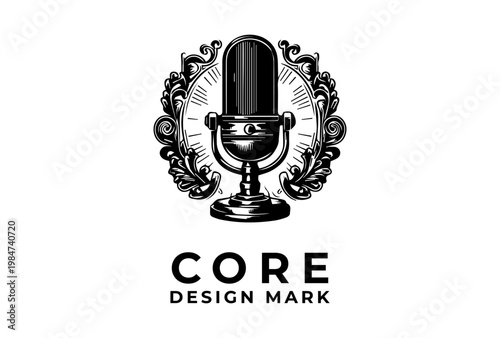 Press Microphone Icon Presented As Black Vintage Logo Sketch Engraving Vector Illustration For Journalism And Media Communication Design