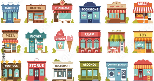 Store building set with various city shops and urban objects, modern commercial architecture collection in simple flat vector illustration style