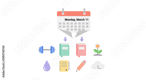 Conceptual illustration showing a calendar with arrows pointing down to icons representing fitness, learning, and growth