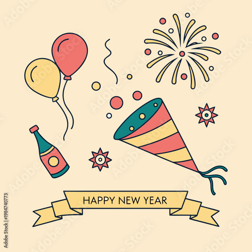 New year celebration elements with champagne bottle party popper flat design party supplies celebration champagne fireworks balloons confetti greeting illustration collection excitement