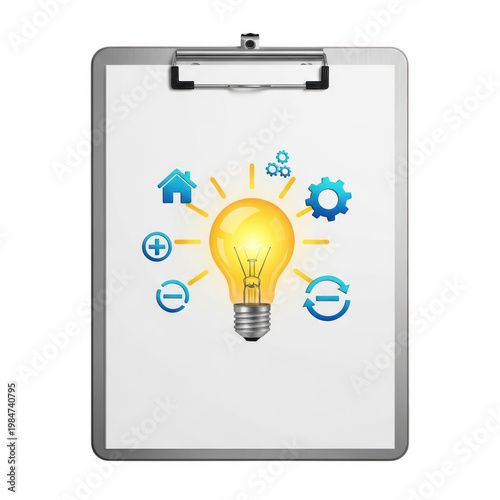 Clipboard featuring a glowing yellow light bulb surrounded by various blue business icon symbols