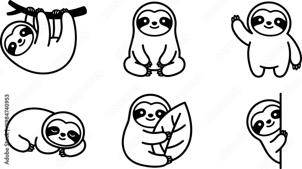 Fototapeta premium Black and white line art set of six cute smiling sloths in various poses