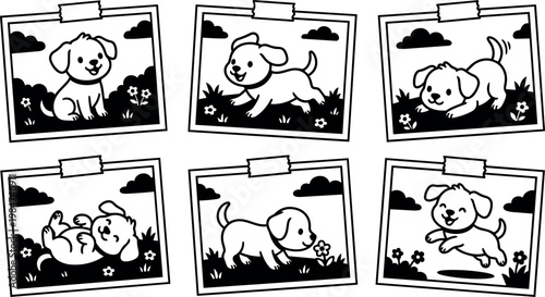 Black and white line art playful puppies in six framed scenes with flowers and clouds