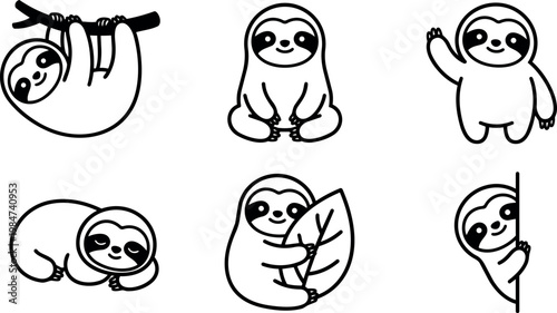 Black and white line art set of six cute smiling sloths in various poses