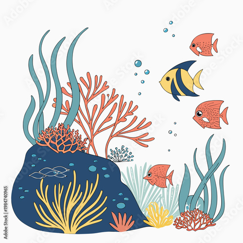 Colorful illustration of a coral reef with playful fish sea life school of fish underwater world blue fish orange fish underwater illustration colorful wildlife environment friendly