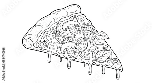 A single slice of cheesy pizza topped with sliced mushrooms, black olives, red onions, and fresh basil leaves drips with melted cheese on a white field.