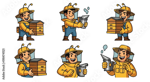 Cartoon gardeners in various poses with gardening tools