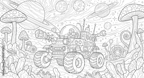 A futuristic rover vehicle traverses a surreal alien landscape filled with giant mushrooms and glowing crystals under a starry sky in this detailed sketch.