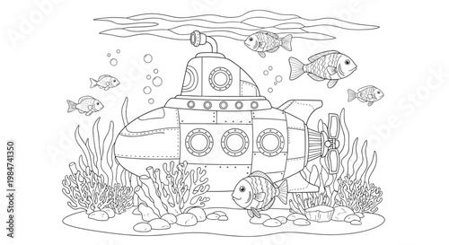 A sturdy submarine rests on the ocean floor surrounded by vibrant coral reefs, jagged rocks, and several curious fish swimming in this underwater scene.