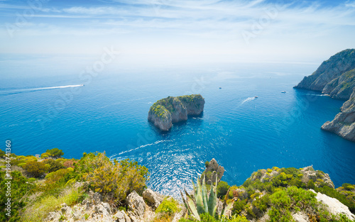Scoglio del Monacone rock surrounded by deep blue Mediterranean water, located off southern coast of Capri, Italy, behind Faraglioni rocks. Green shrubs and agave plants grow on foreground cliffs 