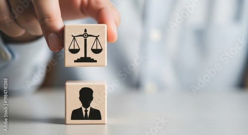 Legal justice scales and lawyer icon on wooden blocks, professional attorney services concept, hand stacking law and order symbols