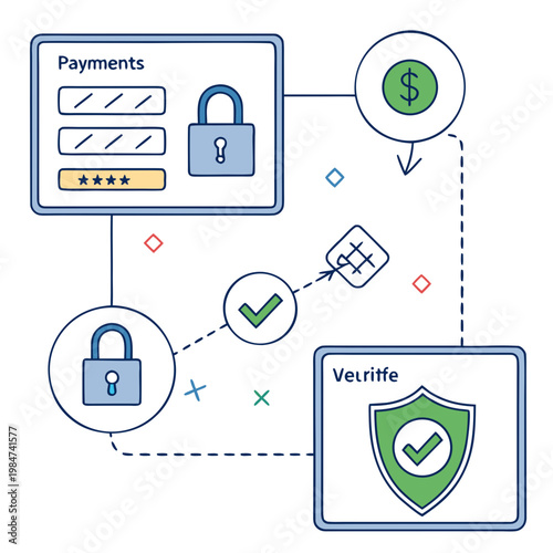 Secure online payment and verification system with security verification transaction protection authentication authorization currency password transfer business illustration technology