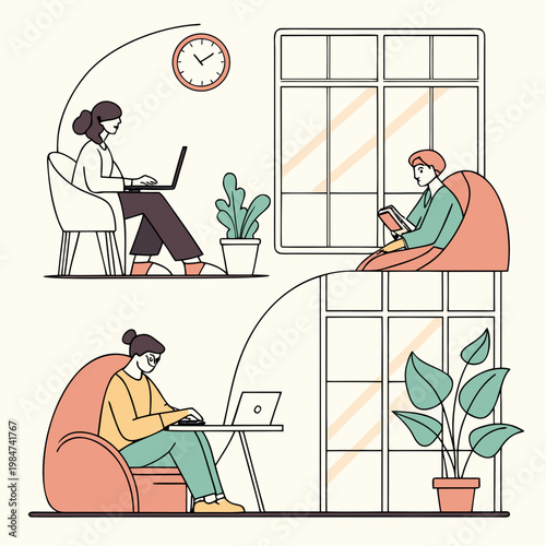 Diverse group working and reading at home with work from home remote work home office bean bag digital nomad interior design home decor illustration computer interior lifestyle technology