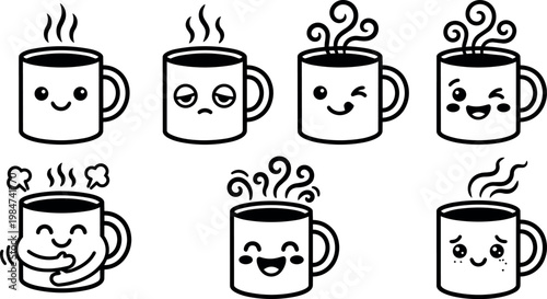 Black and white line art coffee mugs with cute expressive faces steaming