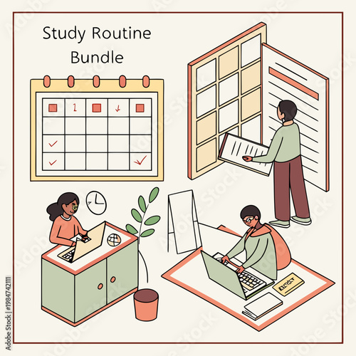 Diverse group of people studying and planning their study routine with home study remote learning self discipline students learning planning organization education academic calendar teamwork
