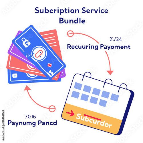 Subscription service concept with recurring payments and payment cards e commerce subscription recurring calendar credit card debit card transaction illustration business e-commerce