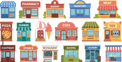 Store building set with various city shops and urban objects, modern commercial architecture collection in simple flat vector illustration style
