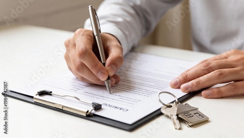 Close-up of a person signing real estate documents with house keys, symbolizing home buying in a modern office setting.