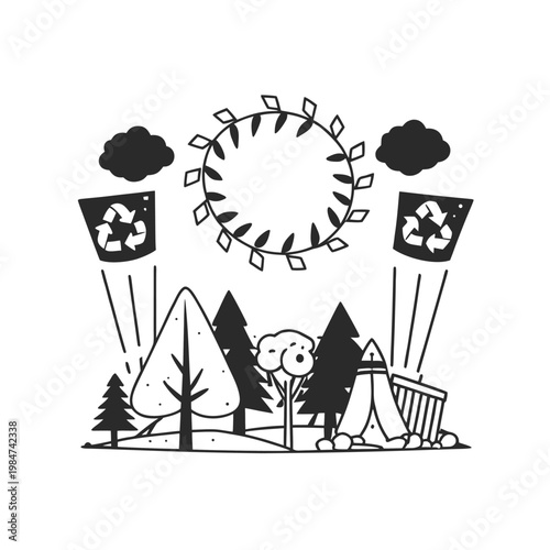 Eco-friendly camping scene with trees, tent, sun, clouds, and recycling bins.