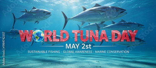 “World Tuna Day – May 2st.” Tuna swimming in blue ocean water. The design features a stylized Earth integrated into the lettering. Creative raw tuna typography concept. Sustainable fishing.