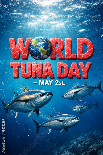“World Tuna Day – May 2st.” Tuna swimming in blue ocean water. The design features a stylized Earth integrated into the lettering. Creative raw tuna typography concept. Sustainable fishing.