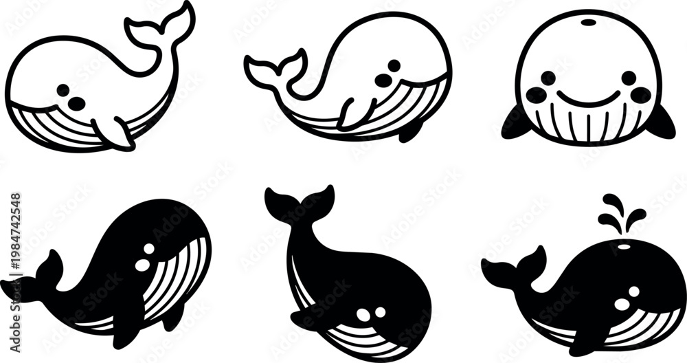 Obraz premium Cute black and white whale characters set with various poses and expressions vector art