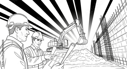 Two construction workers wearing hardhats holding clipboard.