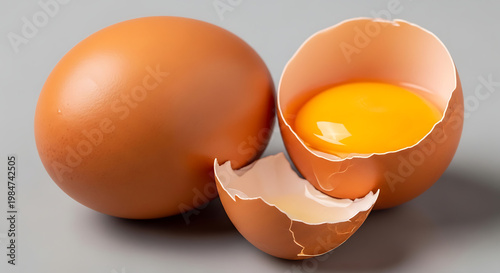 Whole egg and cracked egg with visible yolk animal product food ingredient food preparation breakfast nutrition uncooked ingredient culinary foodstuff wholesome