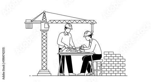Two Construction Workers Reviewing Building Plans At Table.