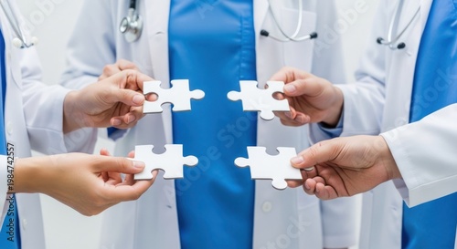 Medical Team Collaborating with Puzzle Pieces Symbolizing Healthcare Solutions.