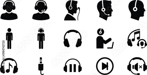 Headset and audio icons: communication music sound equipment with call center, customer service