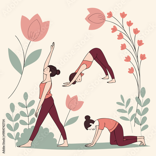 Woman practicing yoga poses in nature with flat design digital art self care well being illustration meditation wellness serenity mindfulness exercise activity healthy lifestyle strength