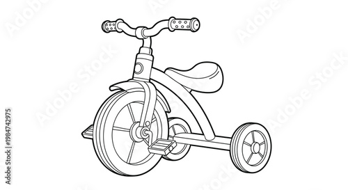 Child's three-wheeled tricycle with pedals and handlebars depicted in a clean and simple black line art illustration isolated on a white background.