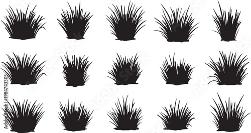 Collection of silhouettes diverse grass and bush shapes in a grid arrangement