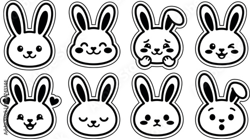 Black and white kawaii bunny faces with different cute expressions vector art