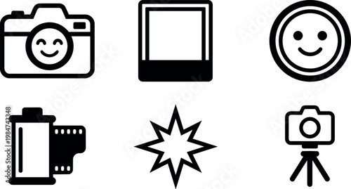 Black and white camera film roll flash icon set illustration