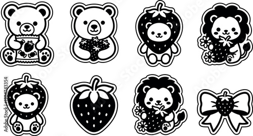 Black and white cute strawberry bear and lion line art icons set