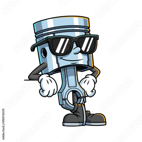 A cool cartoon piston mascot character wearing sunglasses and standing confidently with hands on hips, leaning against a blank surface on a white background, conveying a fun and retro vibe