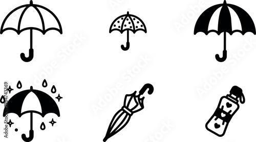 Black and white umbrella icons with raindrops and closed umbrella illustration