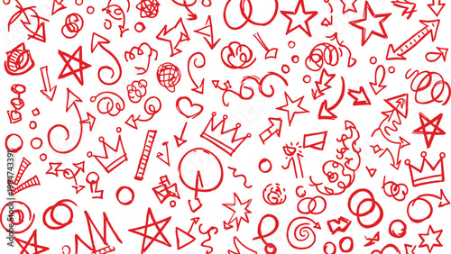 Chaotic red scribbles a dense pattern of handwritten symbols and shapes on white background