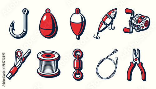 Retro Fishing Tackle and Equipment Icon Set for Outdoor Recreation and Hobby Gear